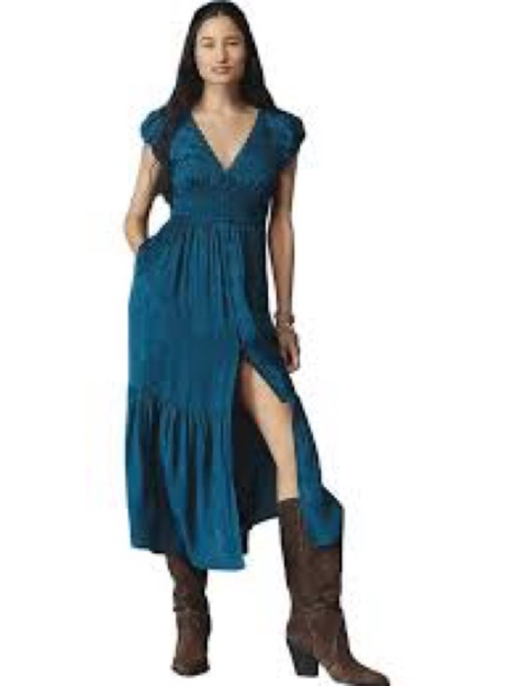 Anthropologie Peregrine Silken Midi Dress XS NWT Sea Blue Smocked Flutter Sleeve